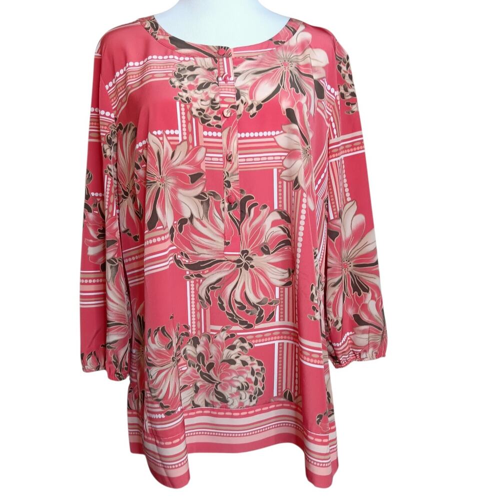 JM COLLECTION Blouse Top 16 XL Coral Pink Floral Bright Colorful Artsy Career - Picture 7 of 7